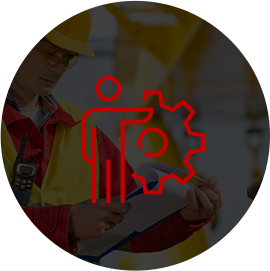 Man with gear icon on an image of a man in working clothes holding a clipboard with a black background